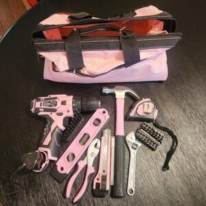 12V Pink Cordless Drill Driver and Home Tool Kit, Hand Tool Set for DIY